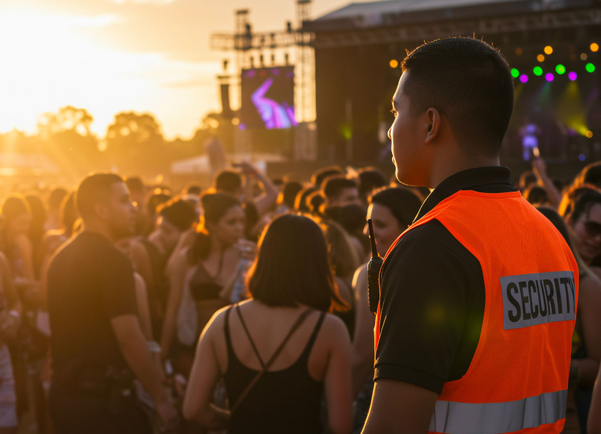 Request a Consultation with an image of a guard at an outdoor concert watching partygoers